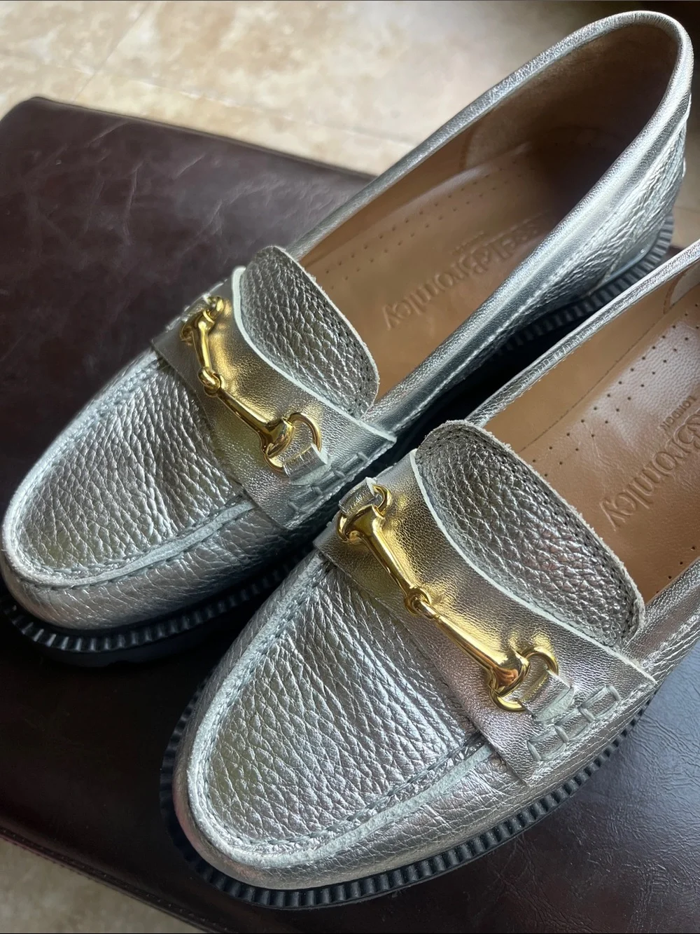 Russell & Bromley Silver Metallic Leather Loafers with Gold Bit New without Box
